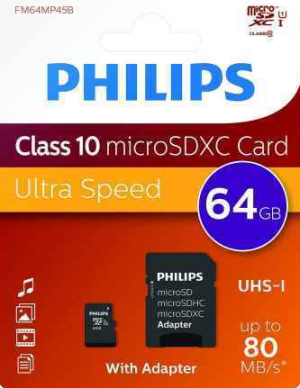 Philips MicroSDXC 64Go CL10 80mb/s UHS-I +Adaptateur au détail